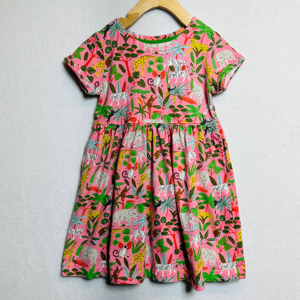 Mini Boden Jungle Print Dress Kids 7-8Y Cotton Animal Safari Pocket Short Sleeve